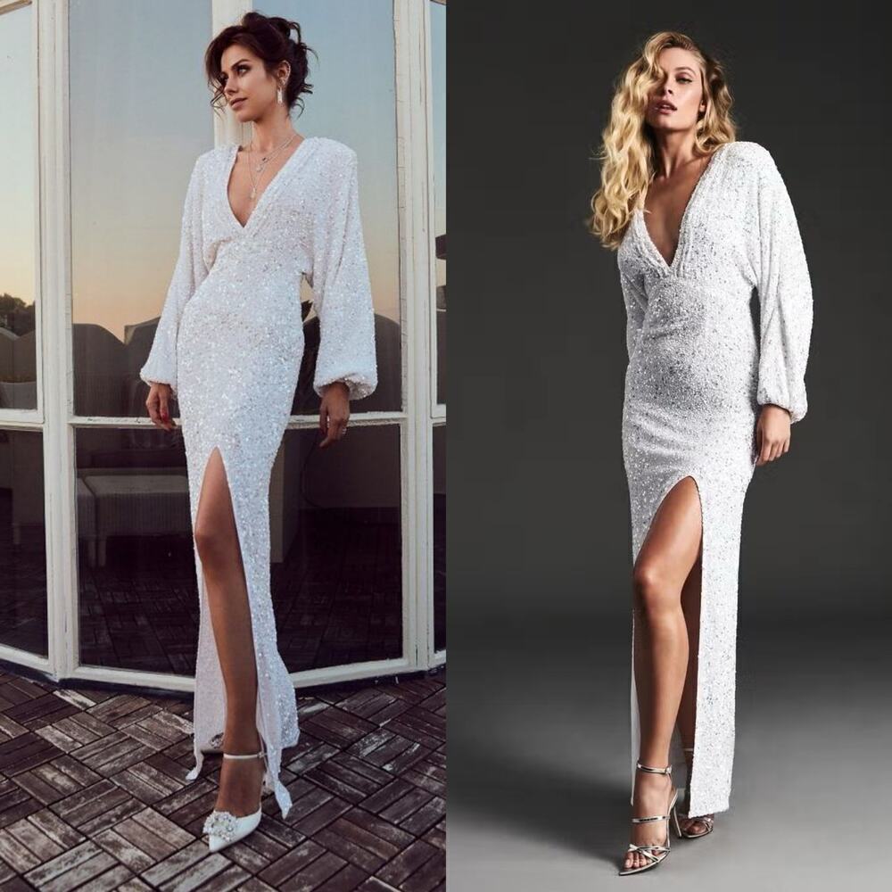 Retrofête White Sequin Maxi Dress XS NWT Bridal Wedding Reception Gown Slit